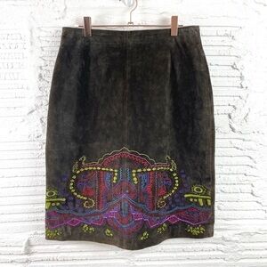 Clio Leather Vintage Pencil Skirt Lined Brown Suede Multicolor Embroidery Size S